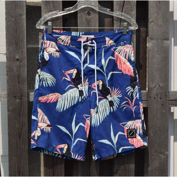 American Eagle Outfitters Other - American Eagle Blue Tropical Tucan Print Tie Waist Swim Trunks Shorts Sz XS